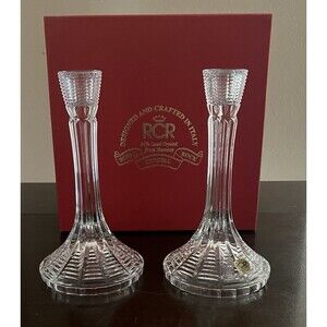 Royal Crystal Rock RCR 24% Lead Crystal from Tuscany 8.5in Candleholders IOB